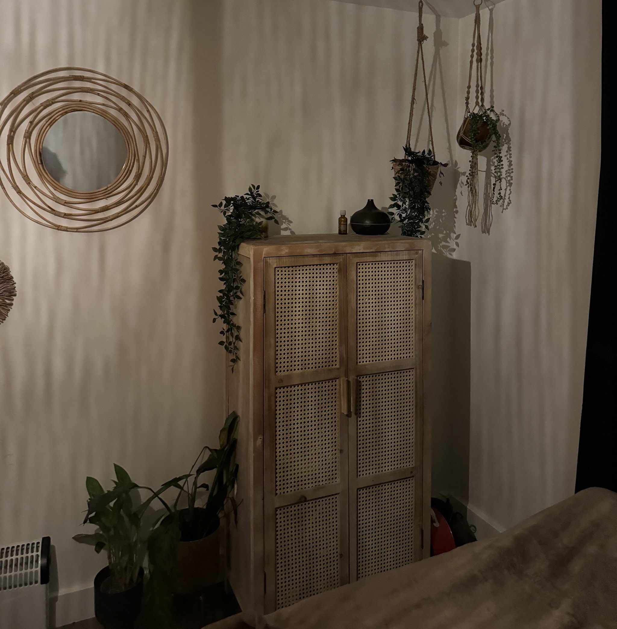 Rotan spiegel, hangplanten en de kast met rotan deurtjes